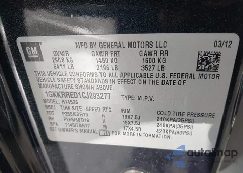 2012 GMC Acadia Slt-1 из США, поврежденный, VIN 1GKKRRED1CJ293277